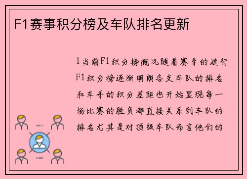 F1赛事积分榜及车队排名更新